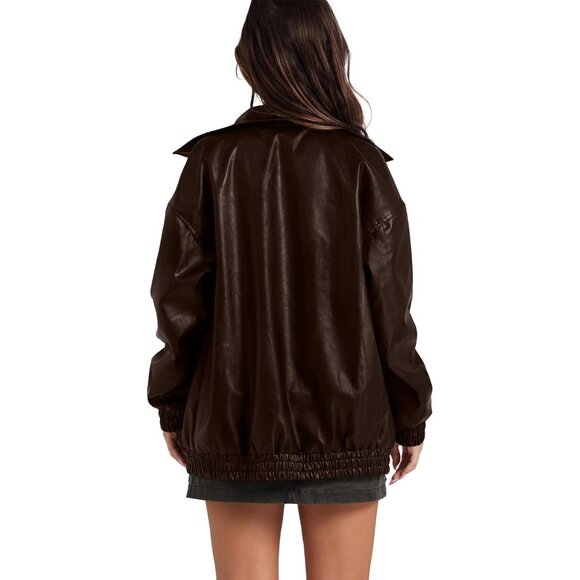 Women Faux Leather Jacket Oversized Dark A-Brown Bomber Coat Fall Winter Outfits - Picture 3 of 3